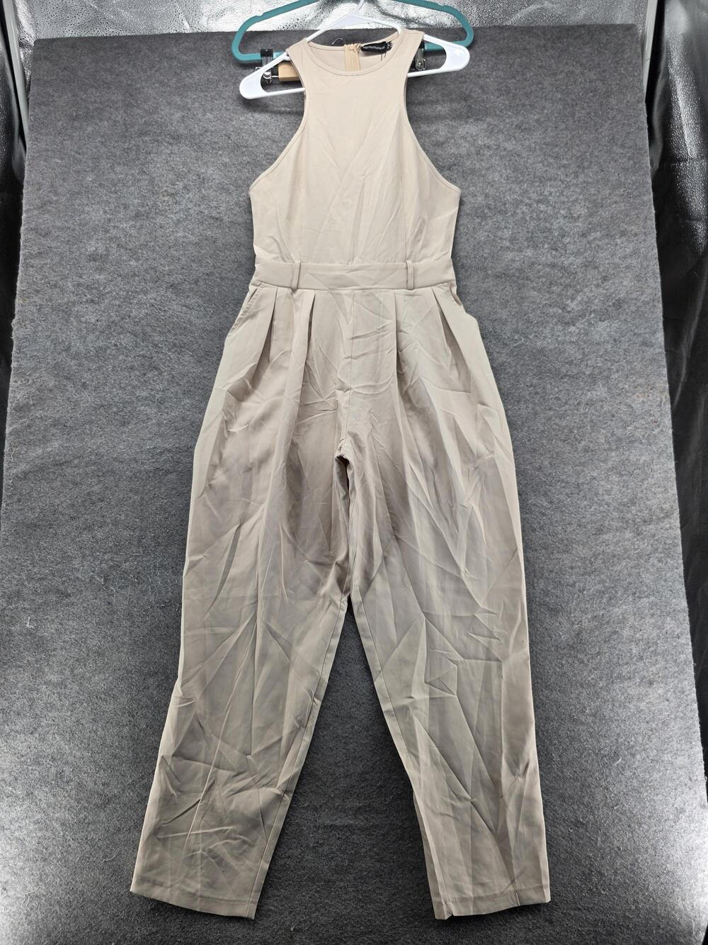 PRETTYLITTLETHING Jumpsuit Womens US 6 Beige One-Piece High Neck Pleated